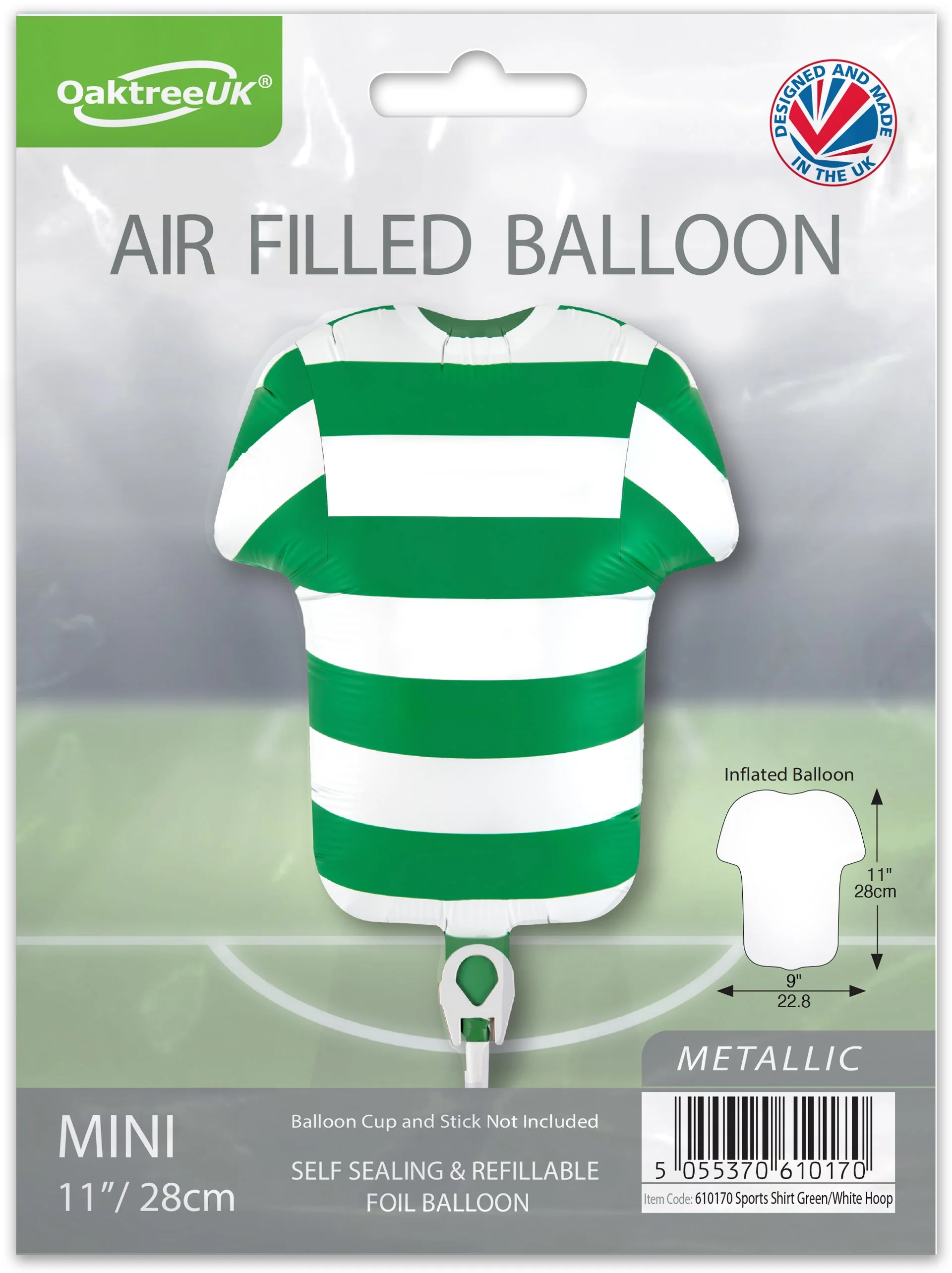 11" Airfill Only Oaktree Brand Sports Shirt Green/White Hoop Metallic (For Air) Packaged Foil Balloon - Image 2