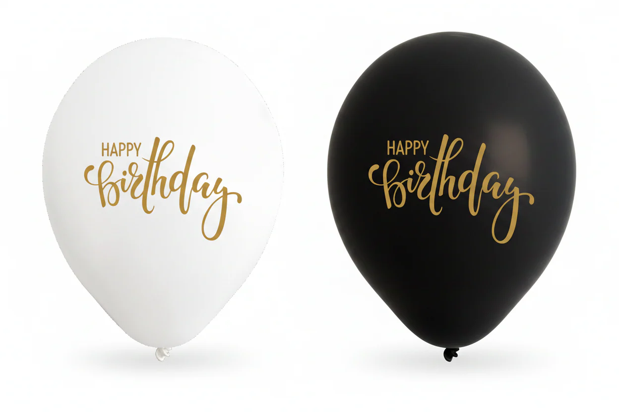 12" Happy Birthday White and Black Balloons Gold Print Latex Balloons (25 Per Bag) 2 Side Print