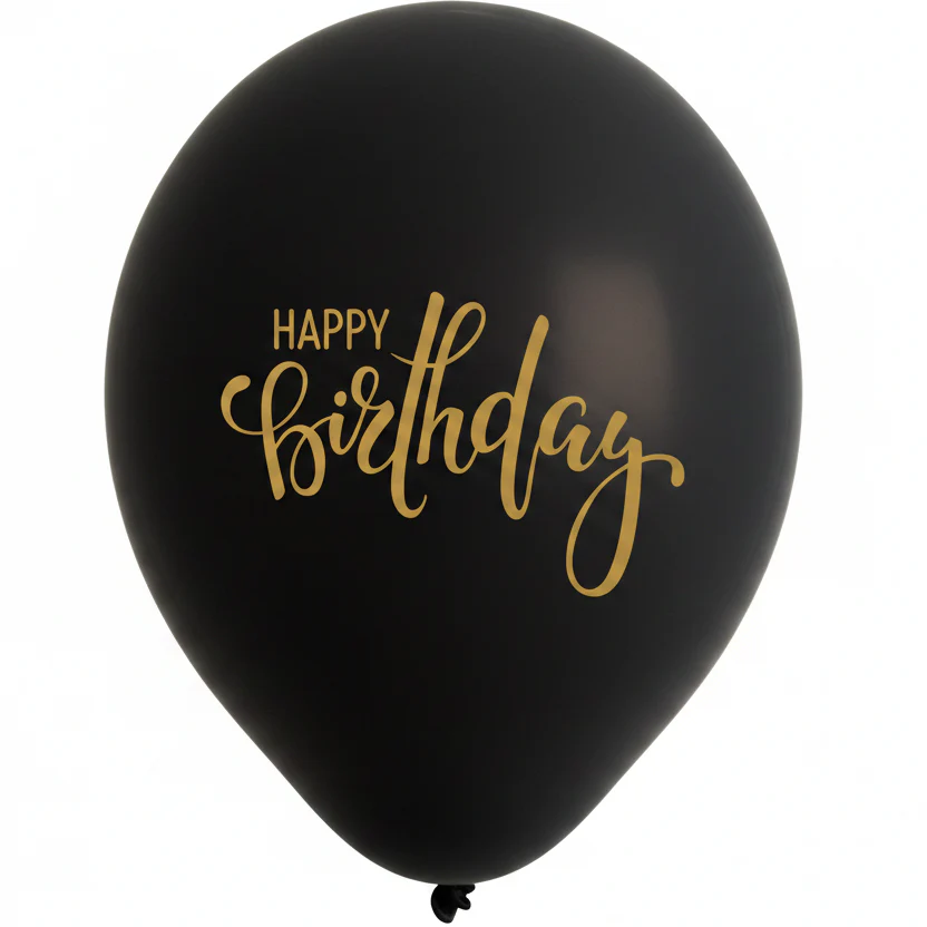 12" Happy Birthday White and Black Balloons Gold Print Latex Balloons (25 Per Bag) 2 Side Print - Image 3