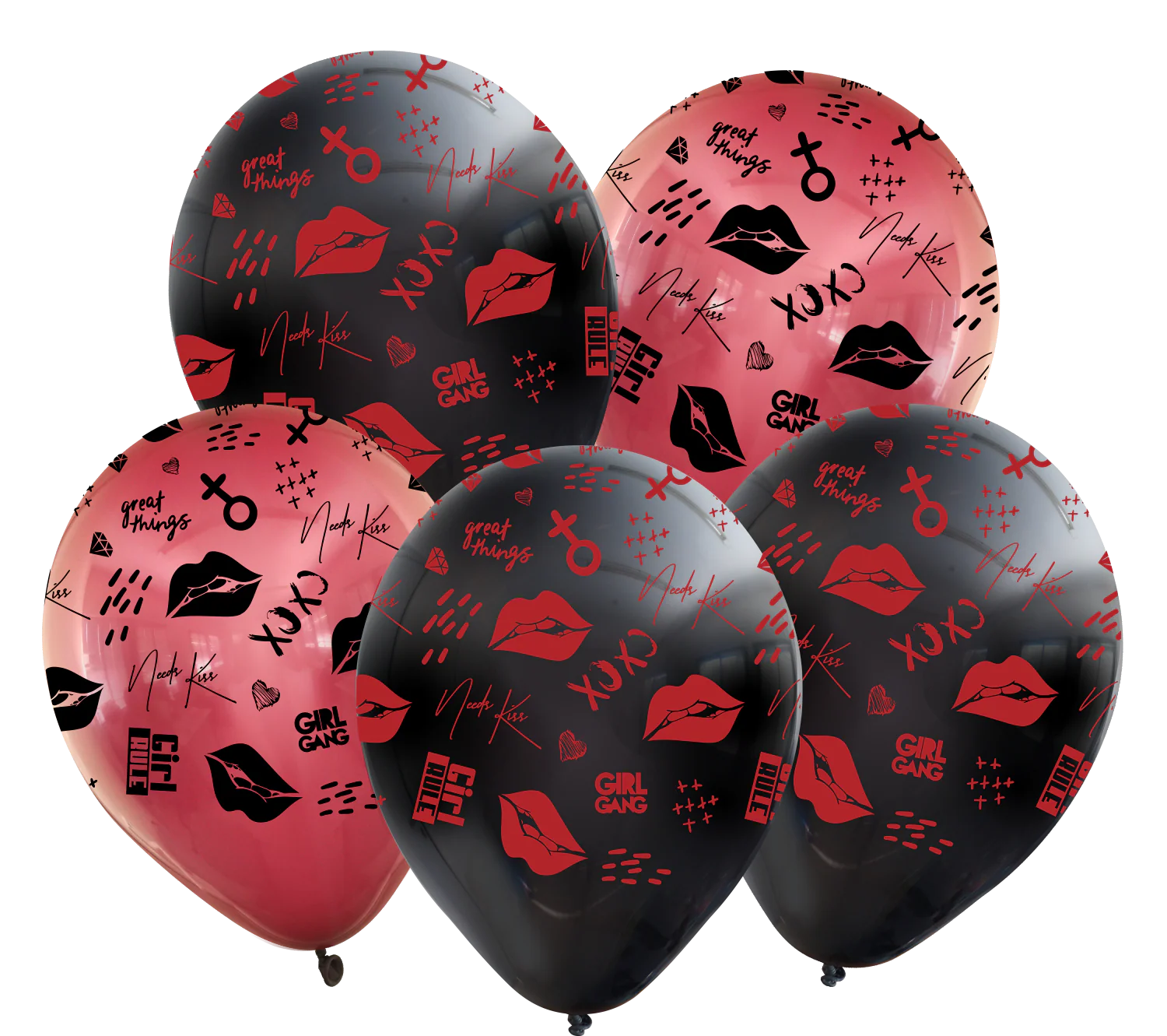 12" Assorted Fashion XOXO All Around Latex Balloons (25 Per Bag) 5 Side Print (Burgundy, Black)