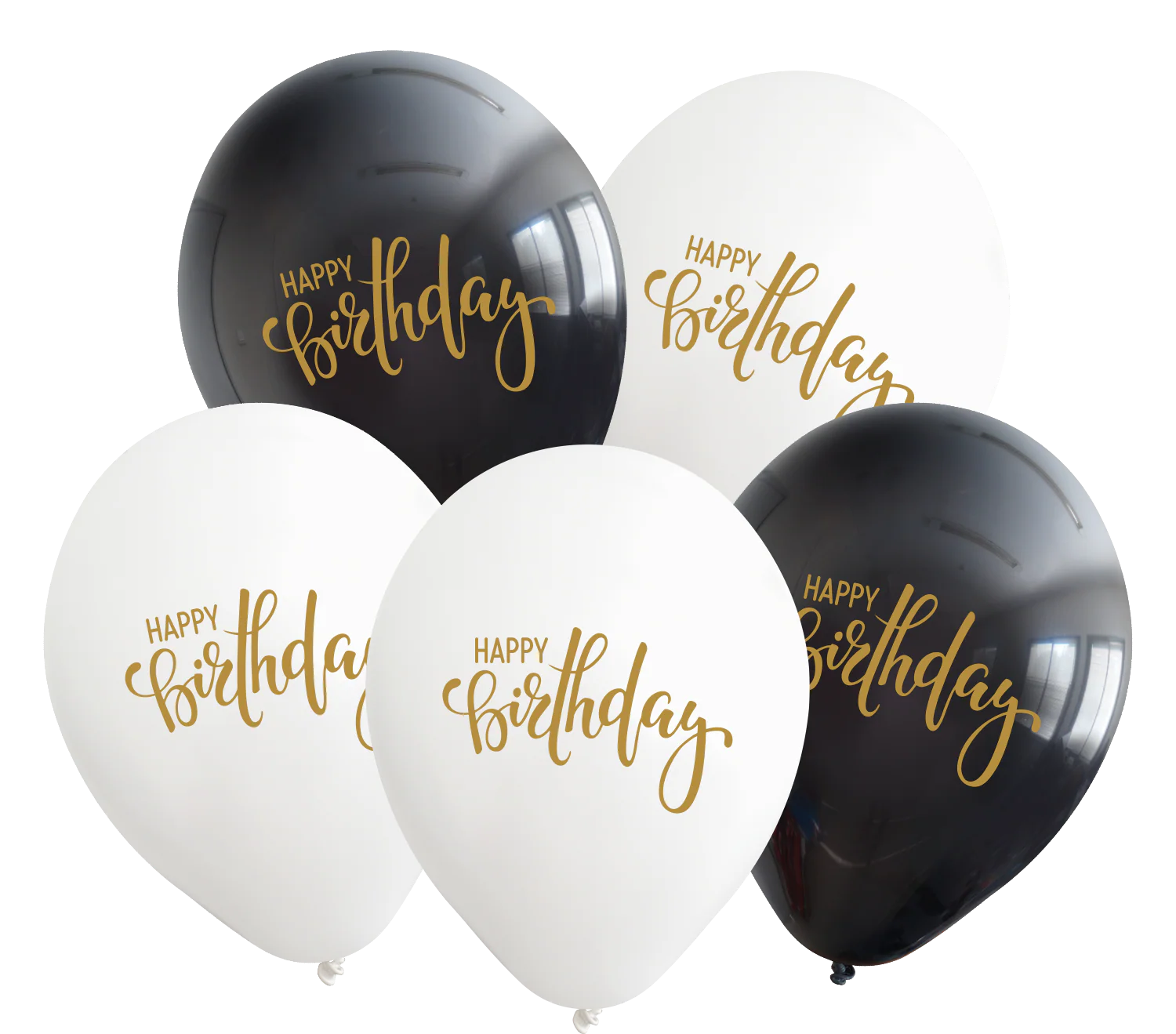 12" Happy Birthday Black/White Balloons Gold Print Latex Balloons (25 Per Bag) 2 Side Print