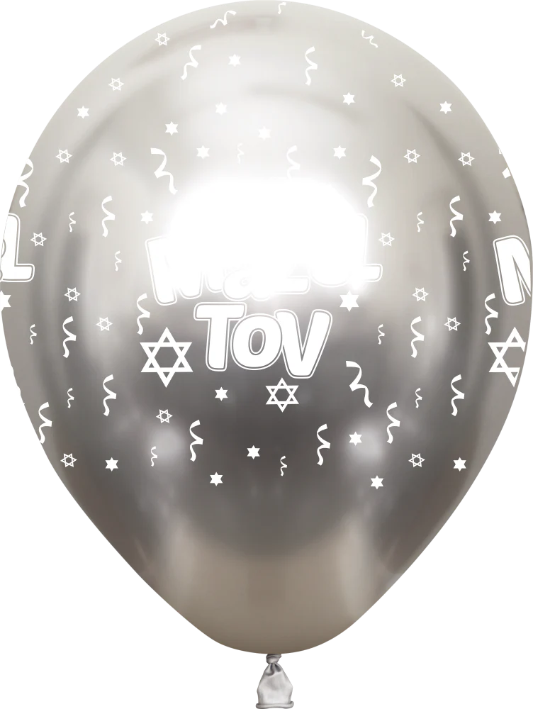 12" Mazel Tov Printed Silver Mirror Kalisan Latex Balloons (25 Per Bag)