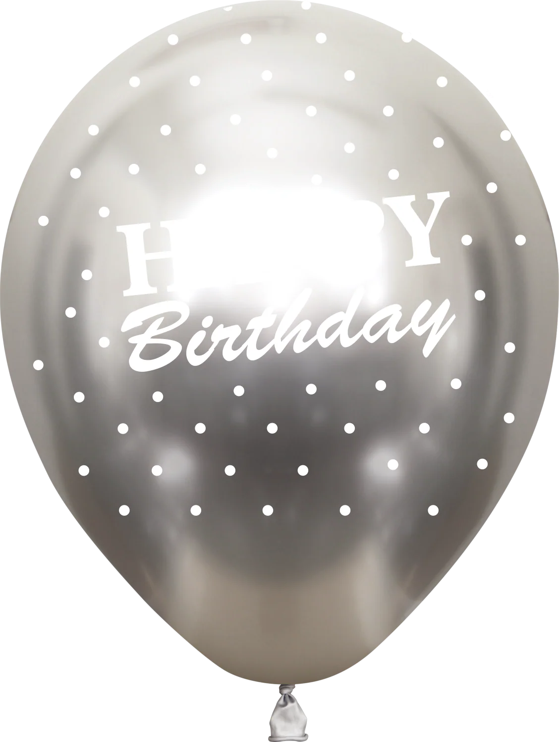 12" Mirror Happy Birthday All Around Silver Latex Balloons (25 Per Bag) 5 Side Print