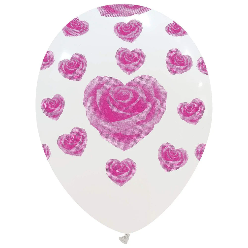 12" Cattex Brand Printed Latex Balloons (25 Per Bag) Hearts Roses Print Color: White/Fuchsia