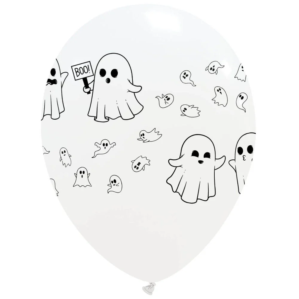 12" Halloween Ghost Party 4 Sided Print (25 Per Bag) Cattex Brand Printed Latex Balloons - Image 2