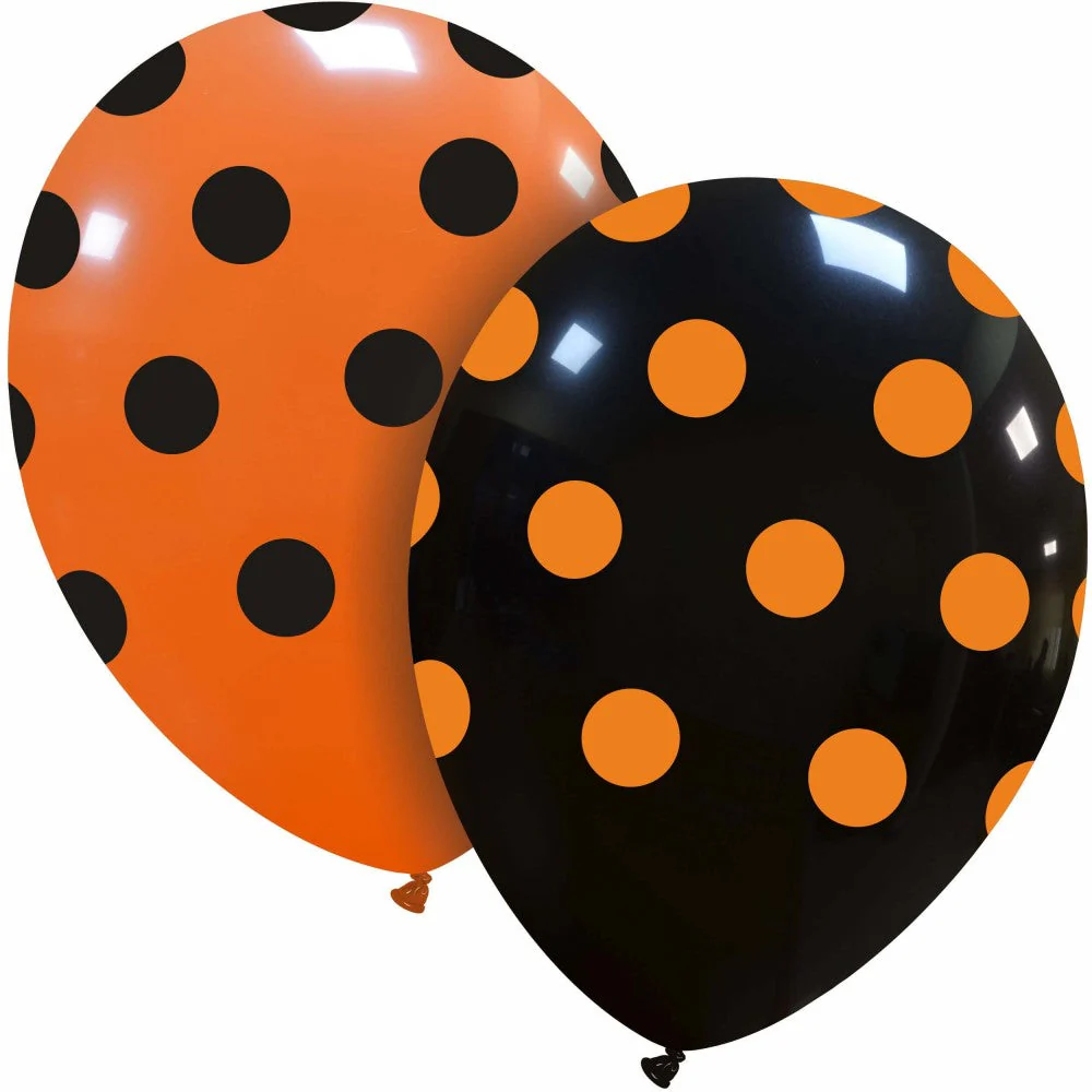 12" Halloween PolkaDots All Around (25 Per Bag) Cattex Brand Printed Latex Balloons