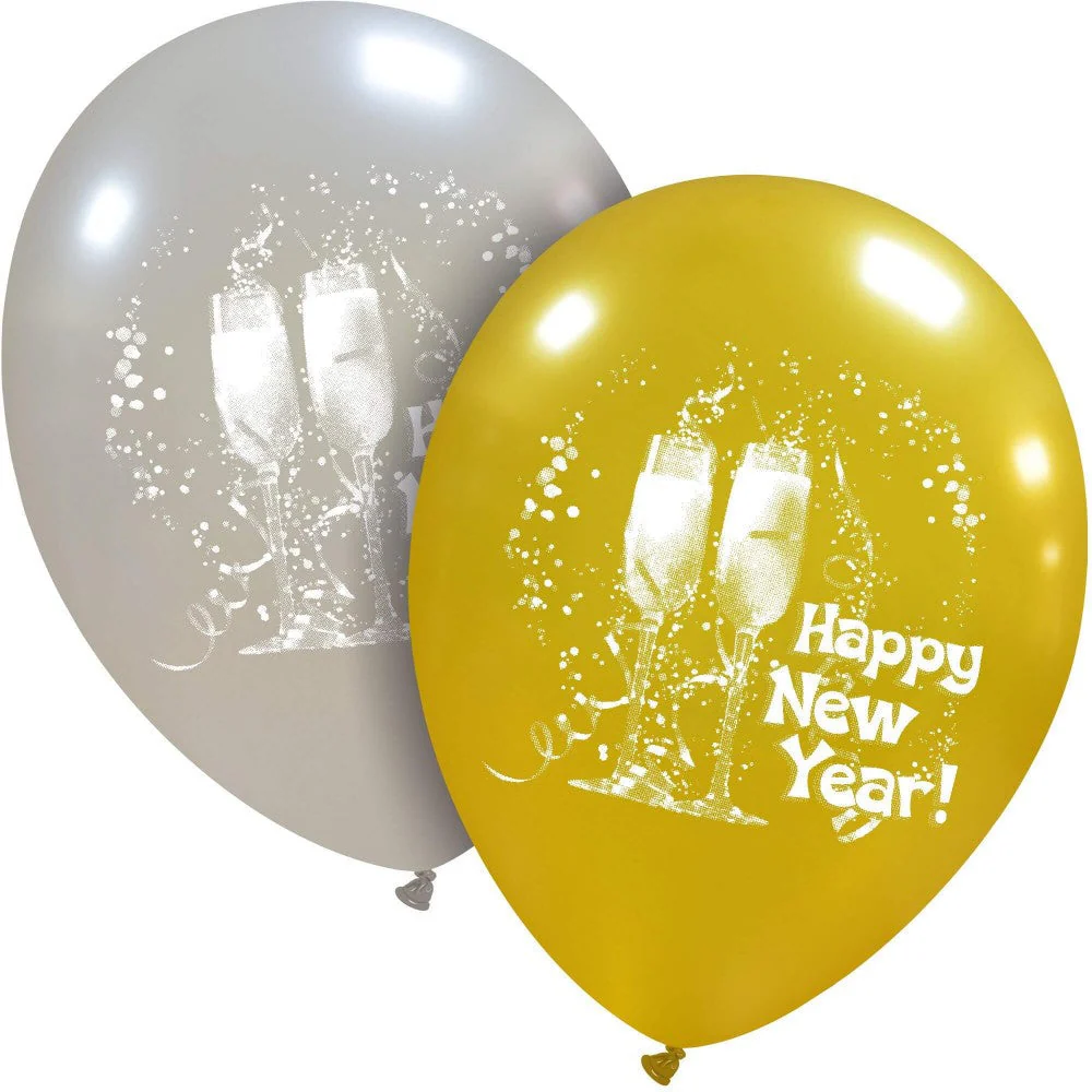 12" New Year Cheers 1 sided (25 Per Bag) Cattex Brand Printed Latex Balloons