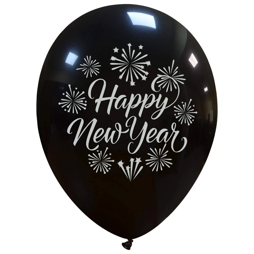 12" Silver Happy New Year 2 Sided (25 Per Bag) Cattex Brand Printed Latex Balloons