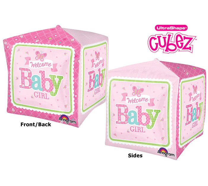 15" Cubez Welcome Baby Girl Butterfly Balloon Packaged