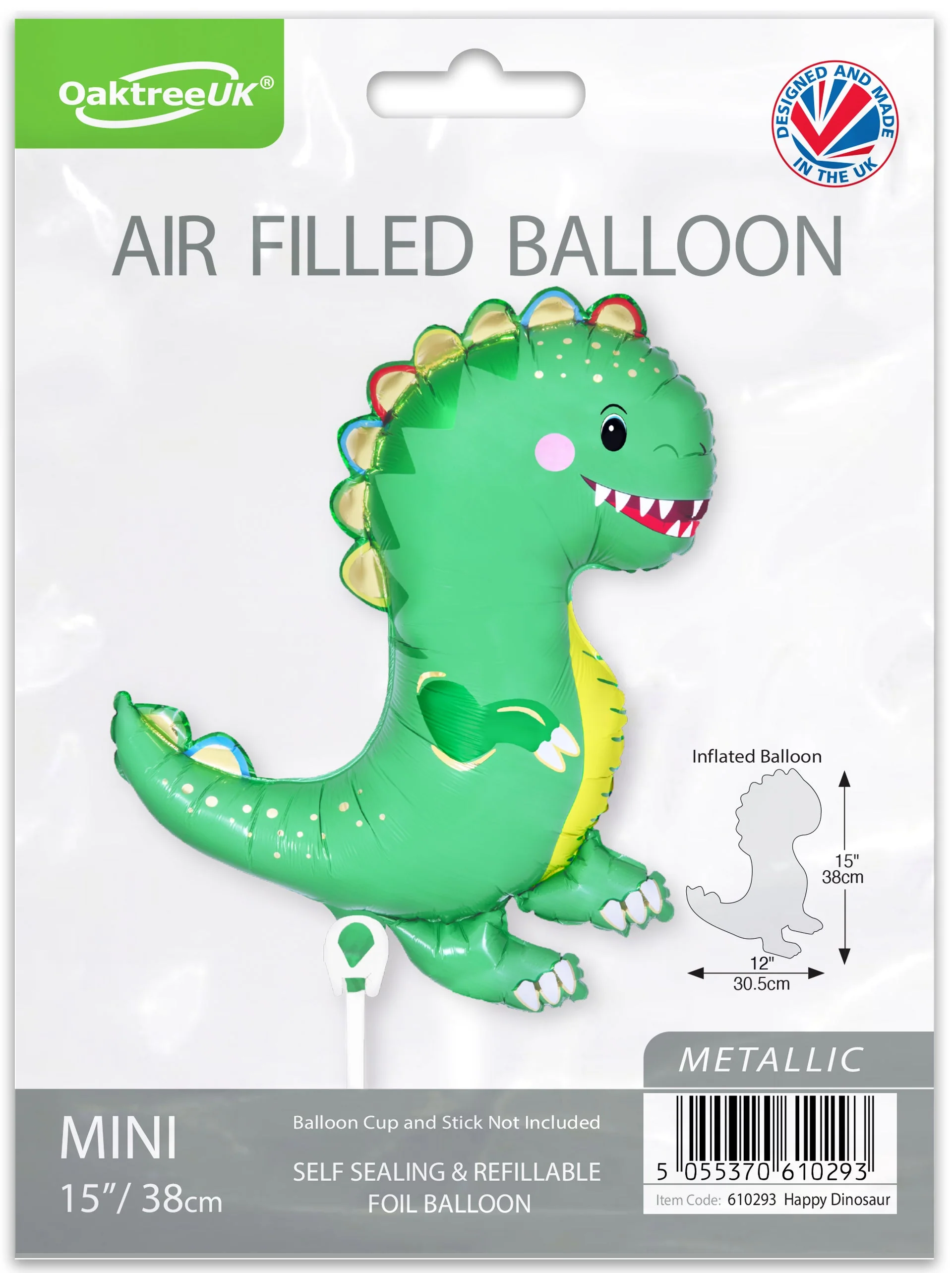 15" Airfill Only (Sticks Sold Separately) Oaktree Mini Shape Happy Dinosaur Metallic Packaged - Image 2