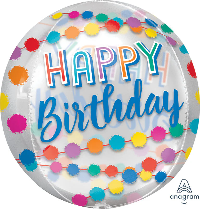 16" Happy Birthday Rainbow Puffs Orbz Clear Foil Balloon