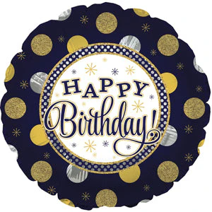 17" Happy Birthday Navy Gold & Silver Foil Balloon