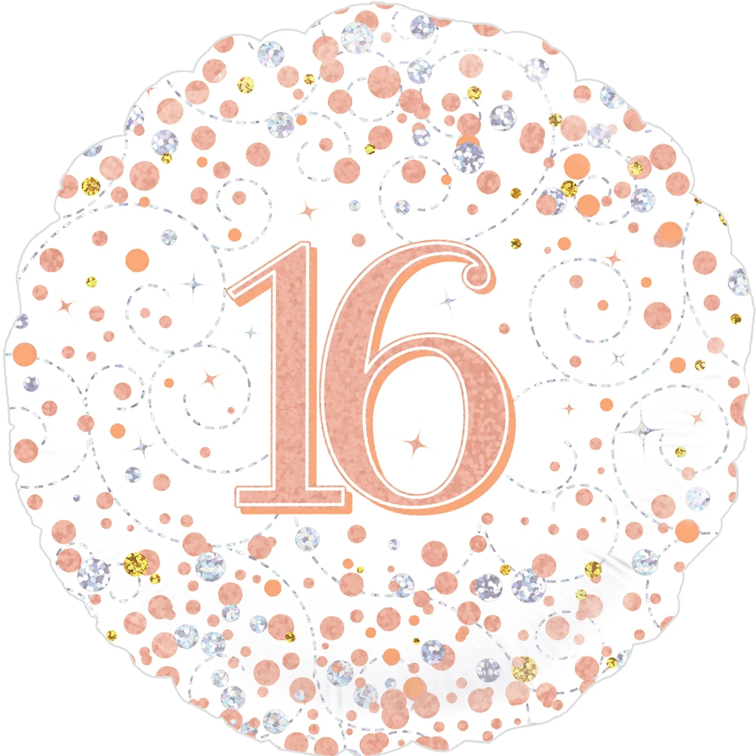 18" 16th Sparkling Fizz Birthday White & Rose Gold Holographic Oaktree Foil Balloon