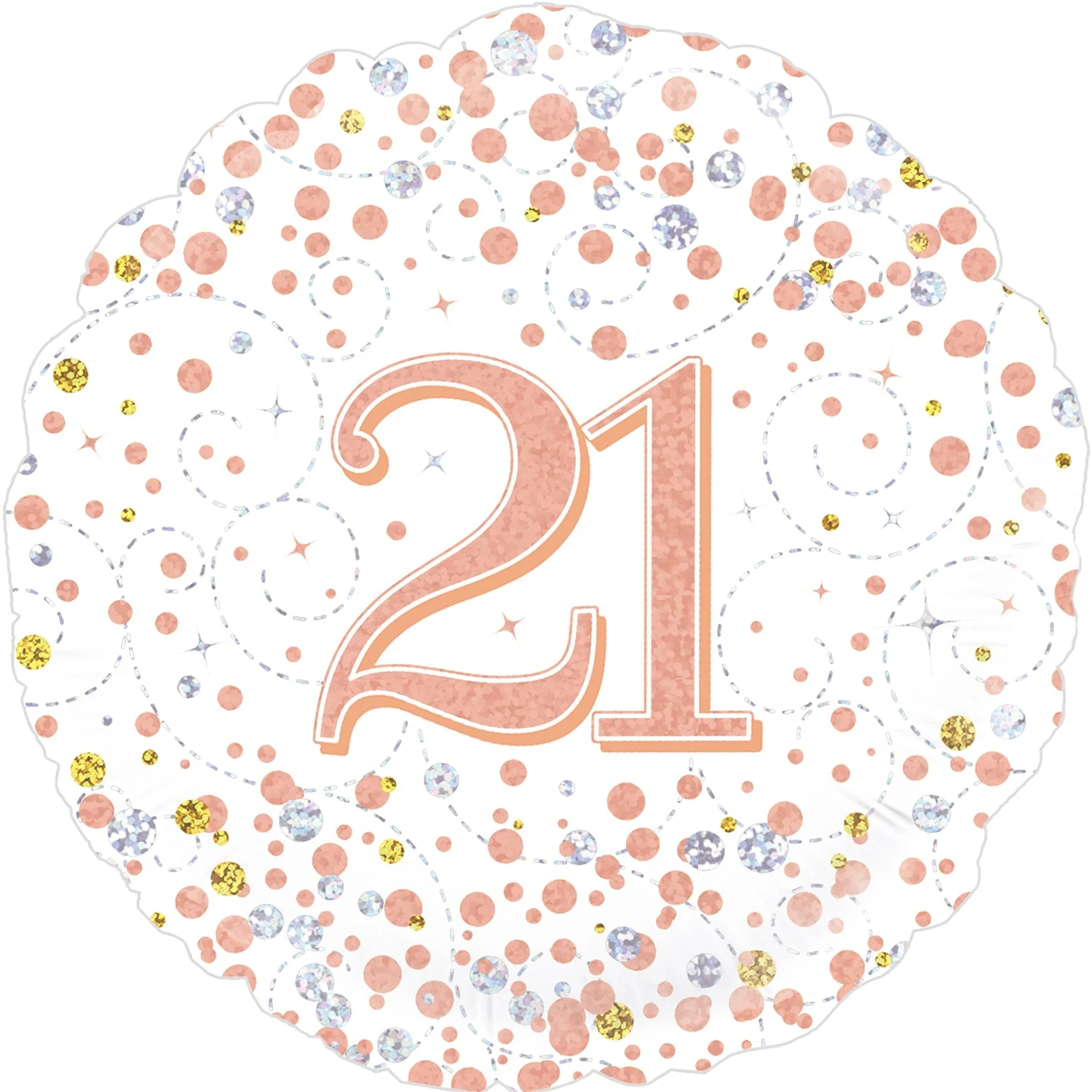 18" 21st Sparkling Fizz Birthday White & Rose Gold Holographic Oaktree Foil Balloon