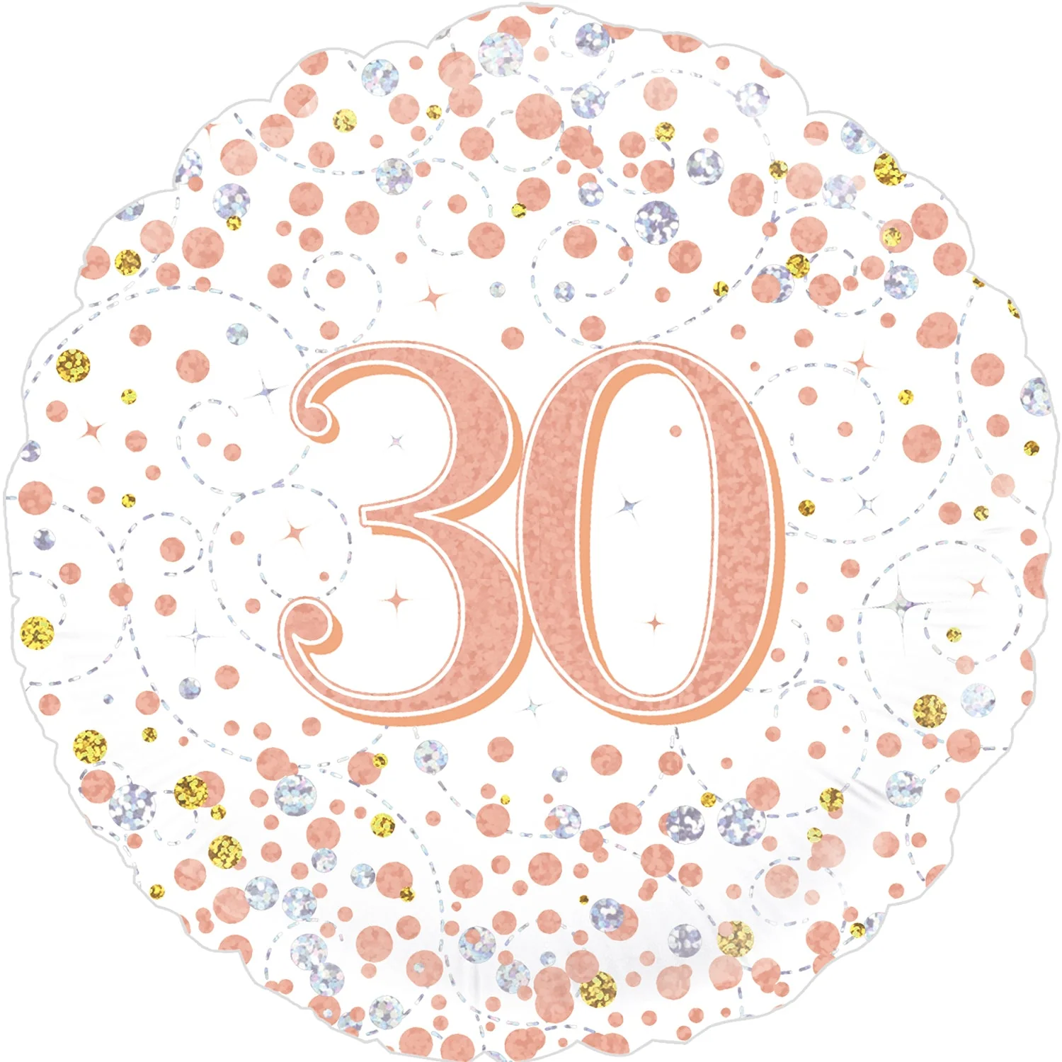 18" 30th Sparkling Fizz Birthday White & Rose Gold Holographic Oaktree Foil Balloon