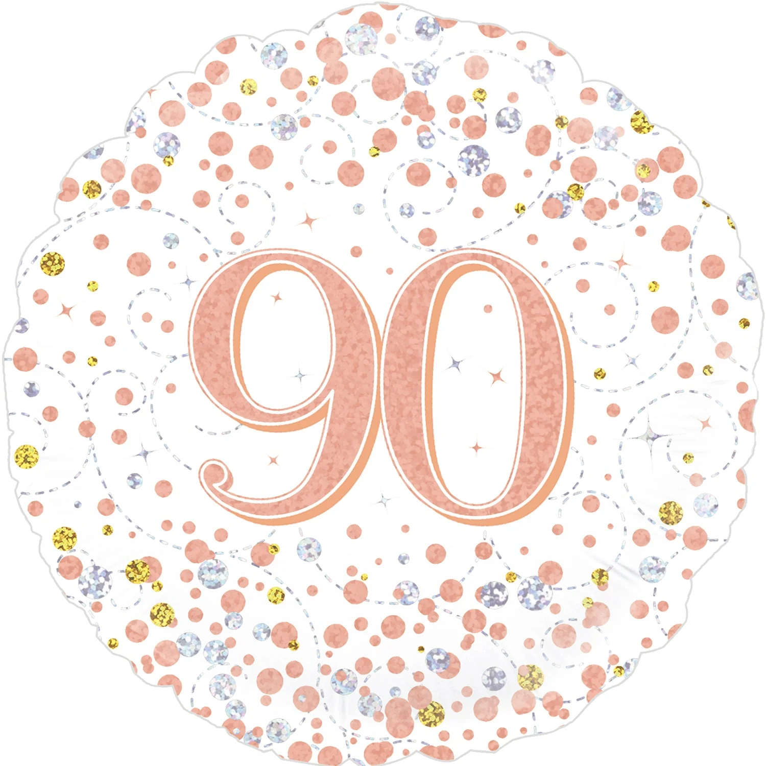 18" 90th Sparkling Fizz Birthday White & Rose Gold Holographic Oaktree Foil Balloon