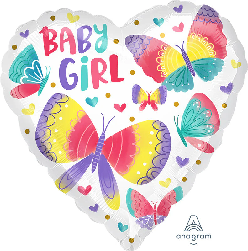 18" Baby Girl Watercolor Butterflies Foil Balloon