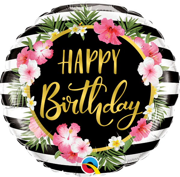 18" Birthday Hibiscus Stripes Foil Balloon
