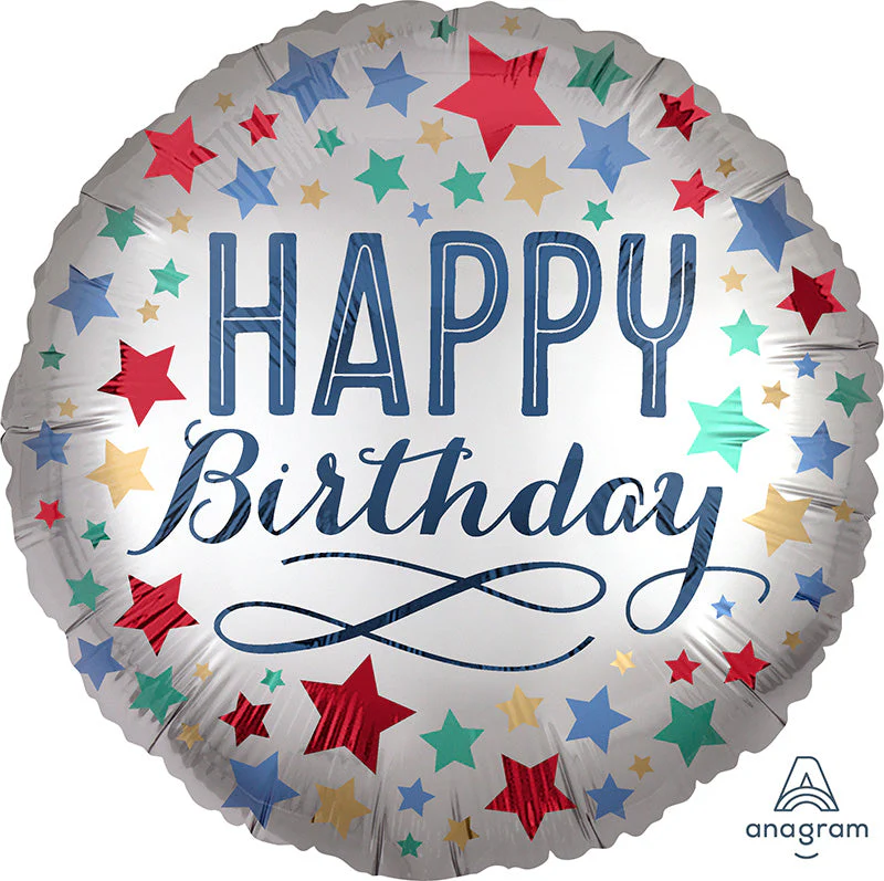 18" Birthday Satin with Stars Foil Balloon