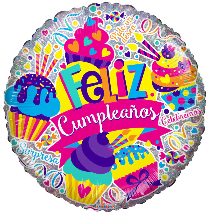 18" Feliz Cumple Cupcakes Holographic (Spanish) Foil Balloon