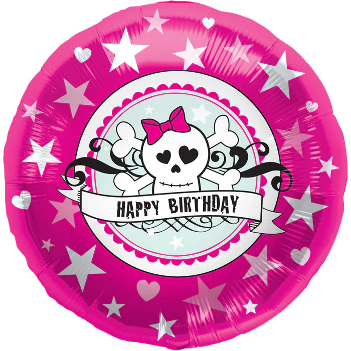 18" Foil Balloon Birthday Skully Pink