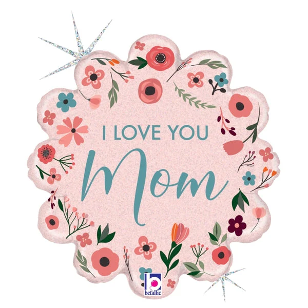 18" Foil Holographic Packaged Mint Love You Mom Foil Balloon