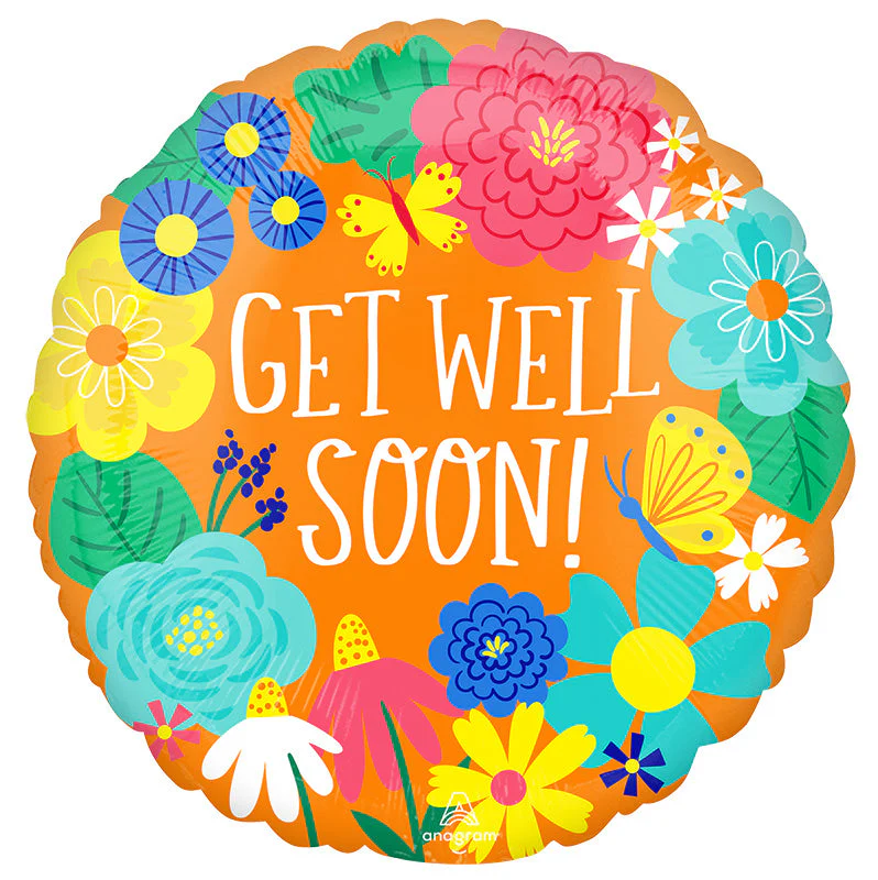 18" Get Well Orange Floral Foil Balloon
