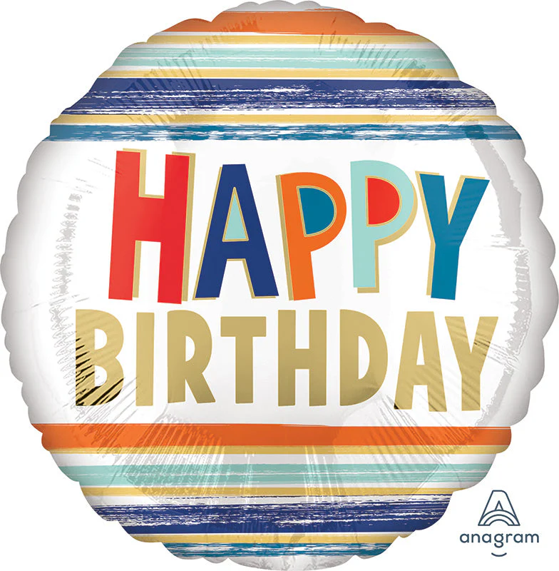 18" Happy Birthday Letters and Stripes Foil Balloon