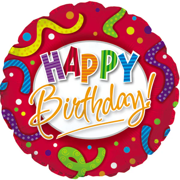 18" Happy Birthday Red, Stripes & Dots Balloon