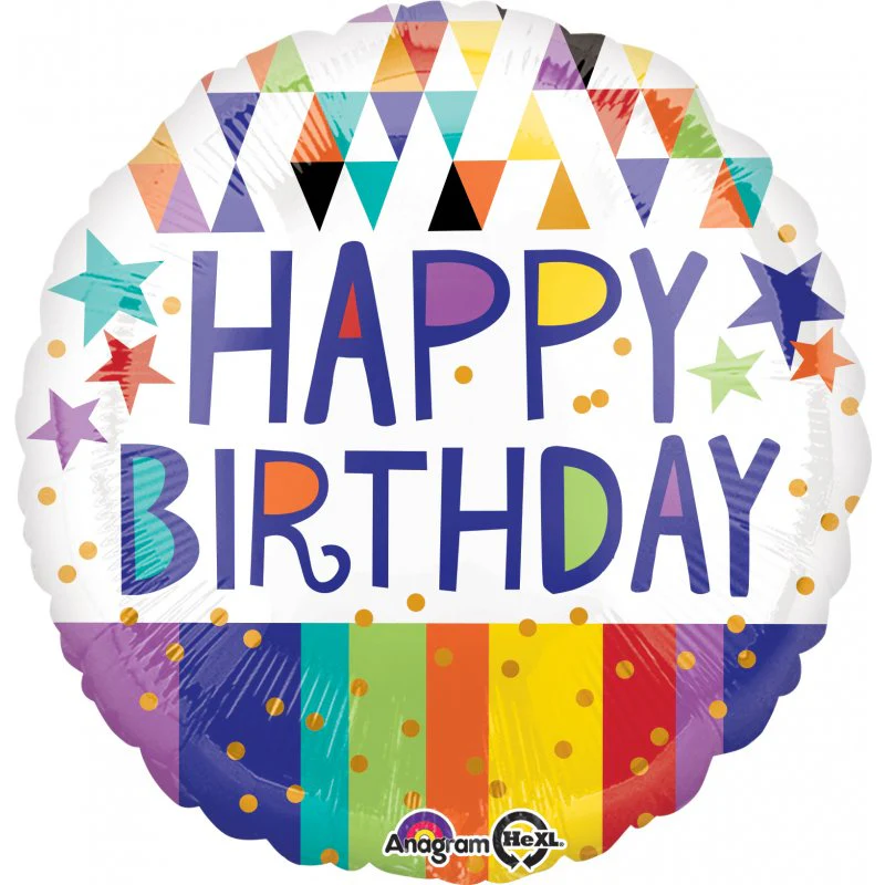 18" Happy Birthday Triangles, Stripes & Stars Foil Balloon