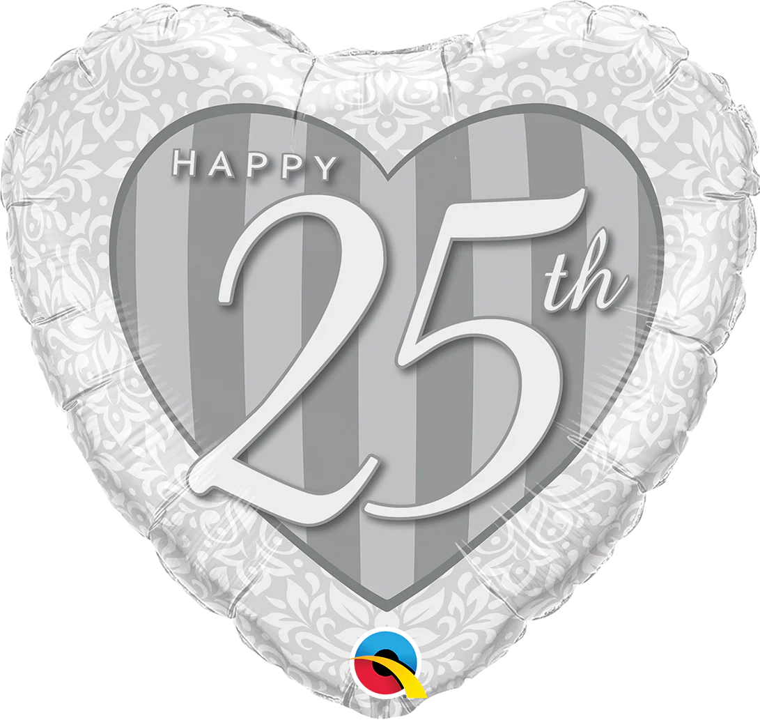 18" Heart Happy 25th Damask Heart Foil Balloon