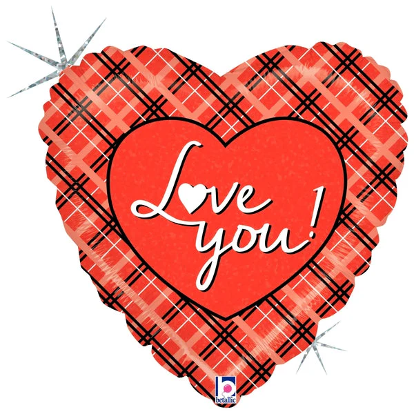 18" Holographic Balloon Packaged Love You Plaid