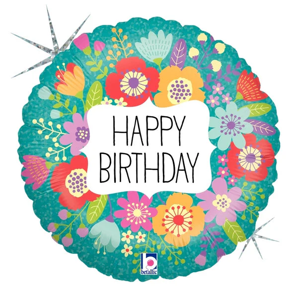 18" Holographic Balloon Packaged Wildflowers Birthday