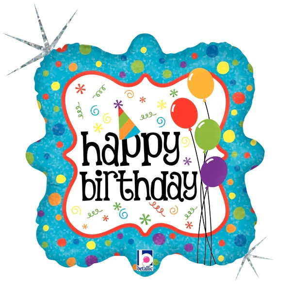 18" Holographic Packaged Birthday Squiggles & Dots Balloon