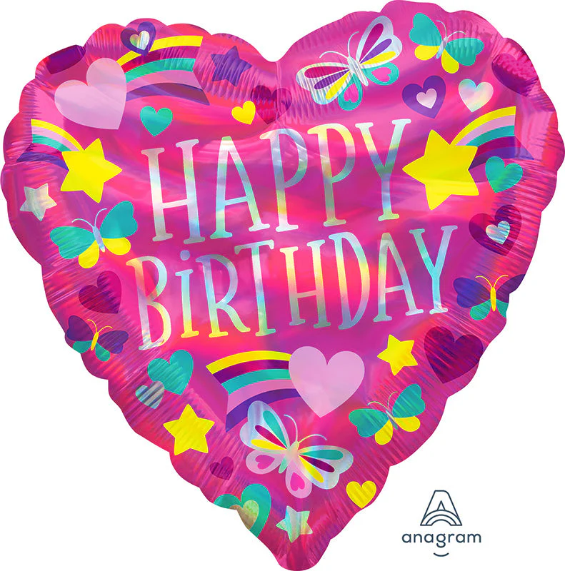 18" Iridescent Happy Birthday Rainbow Hearts Foil Balloon
