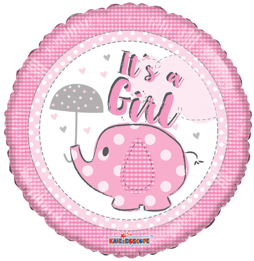 18" It's A Girl Elephant With Umbrella Round Foil Balloon