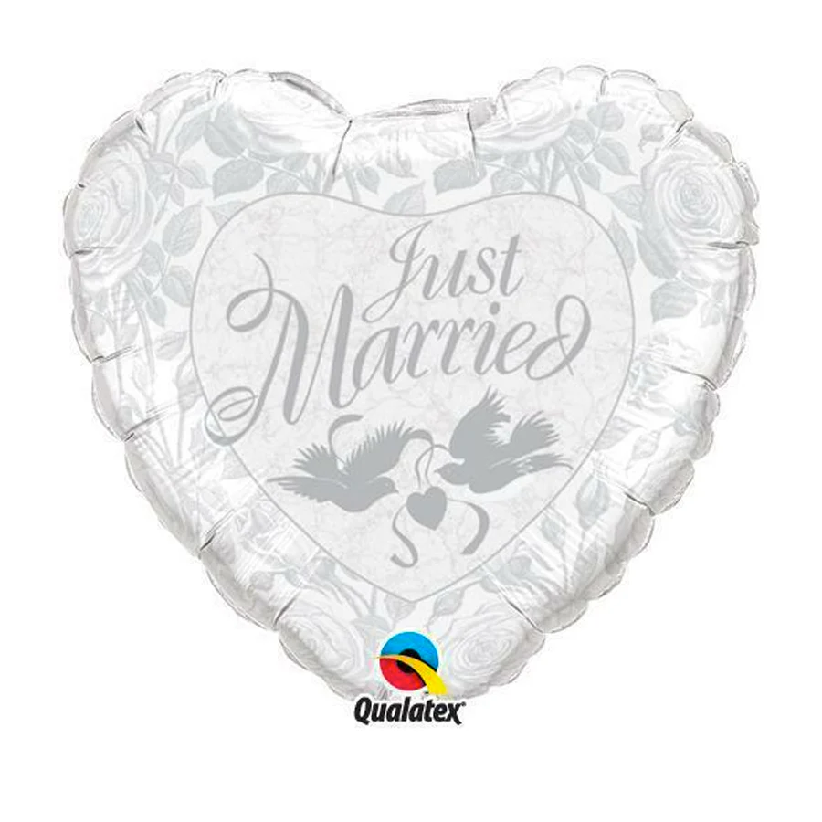 18" Just Married Pearl White & Silver Heart Balloon