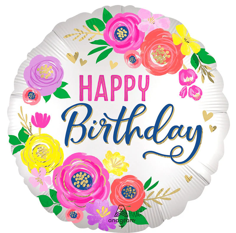 18" Satin Artful Floral Birthday Foil Balloon