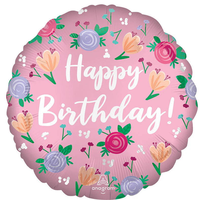 18" Satin Happy Birthday Peony Foil Balloon