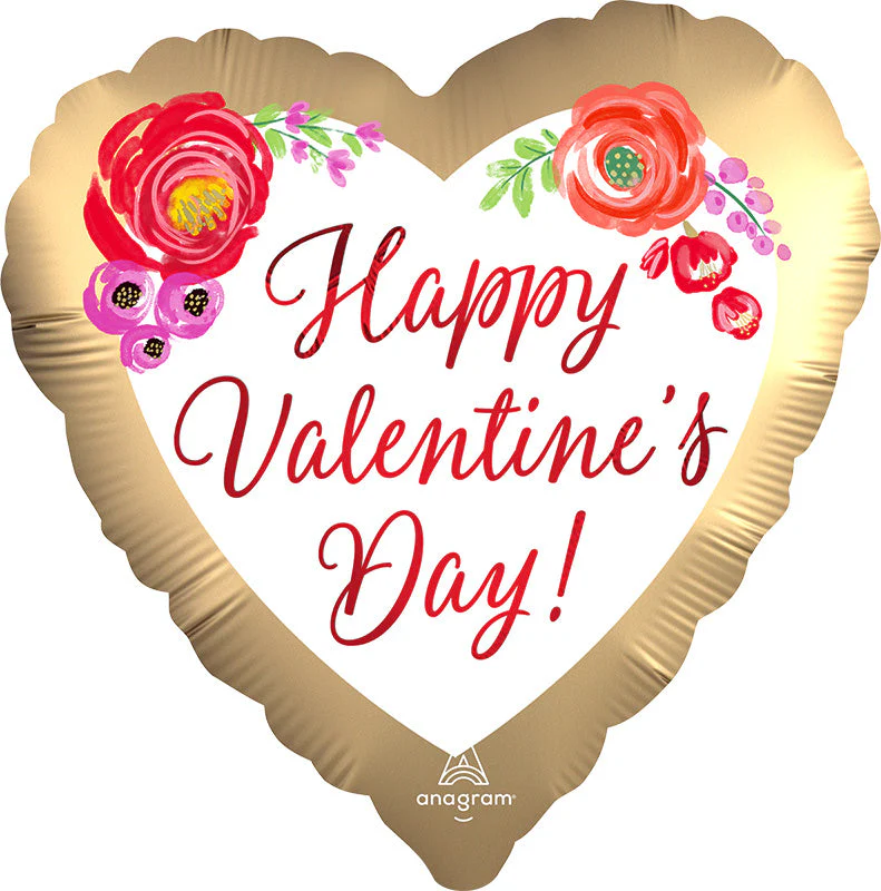 18" Satin Happy Valentine's Day Watercolor Floral Foil Balloon