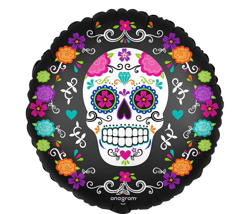 18" Satin Sugar Skull & Marigolds Foil Balloon