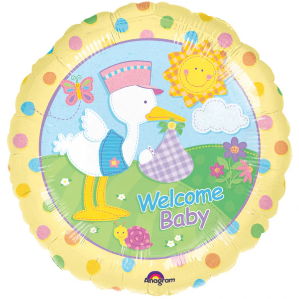 18" 'Welcome Baby' Stork Polka Dots Mylar Balloons