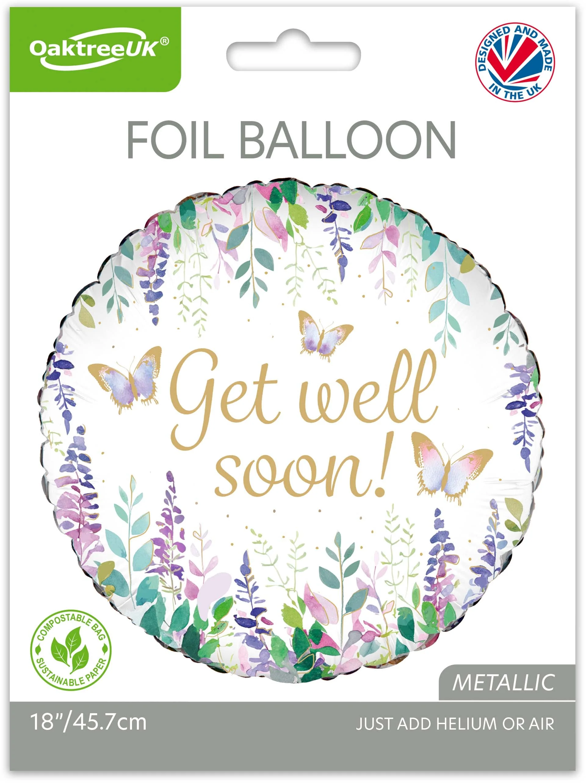 18" Watercolour Floral Get Well Soon Oaktree Brand Foil Balloon - Image 2
