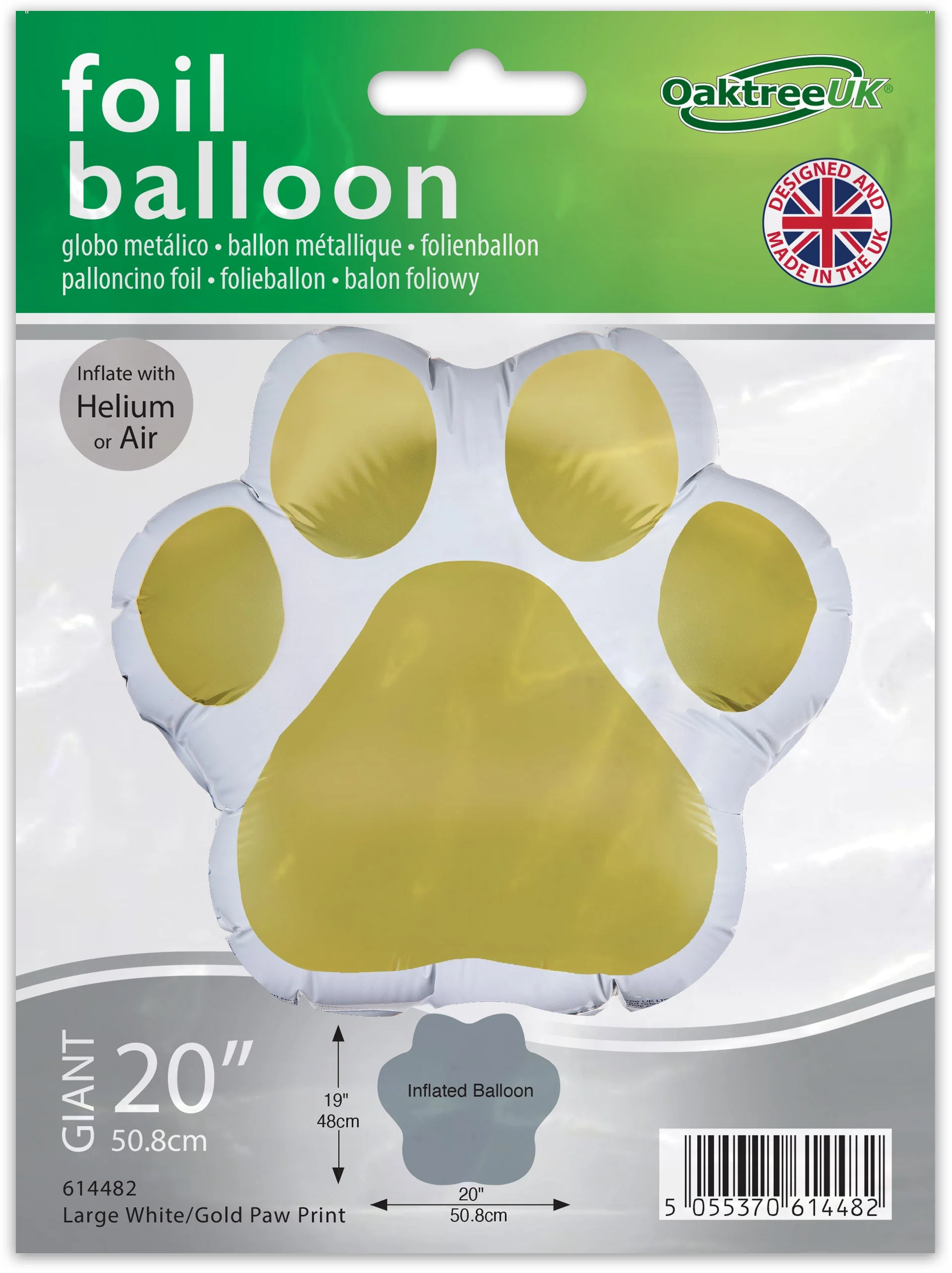 20" Oaktree Brand Paw Print White and Gold Foil Balloon Packaged - Image 2