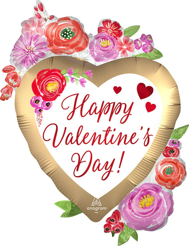 22" SuperShape Satin Happy Valentine's Day Watercolor Floral Foil Balloon