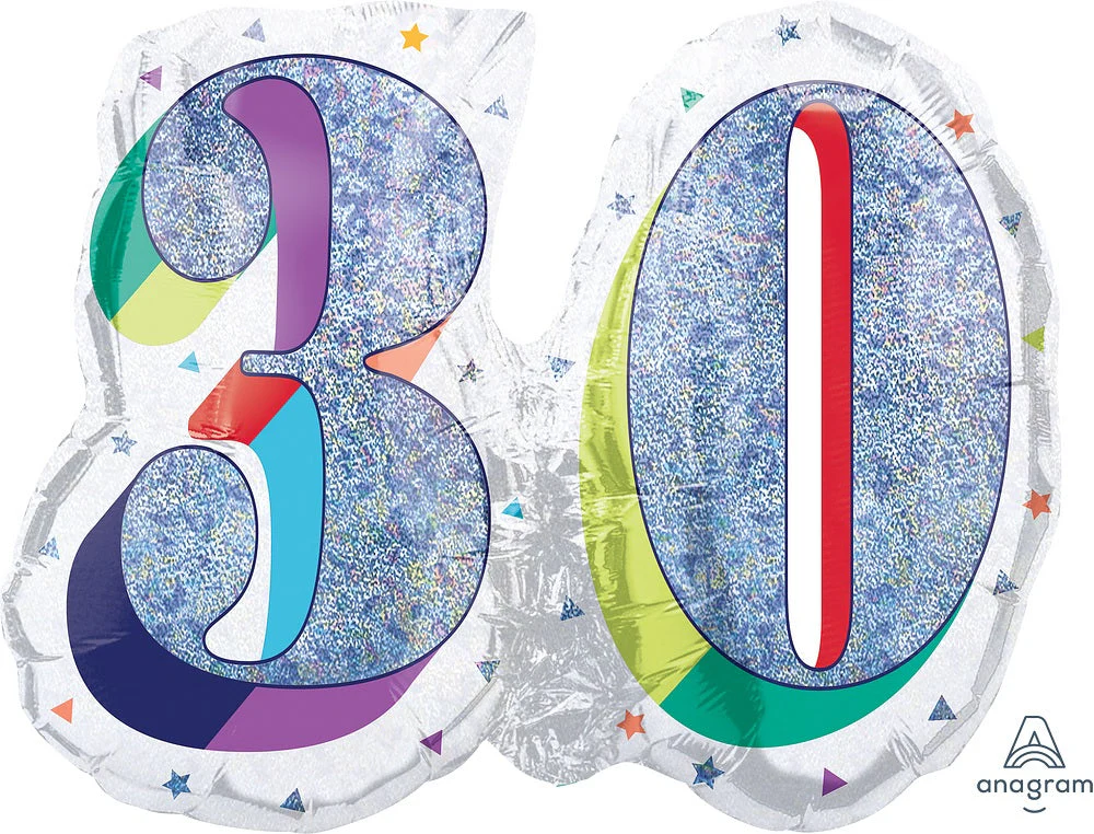 26" Holographic SuperShape Sparkles Number 30 Foil Balloon