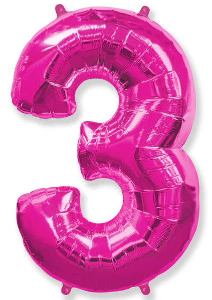 26" Inflated (32" Approx Uninflated) Flexmetal Medium Size Foil Balloon Number "3" Fuchsia