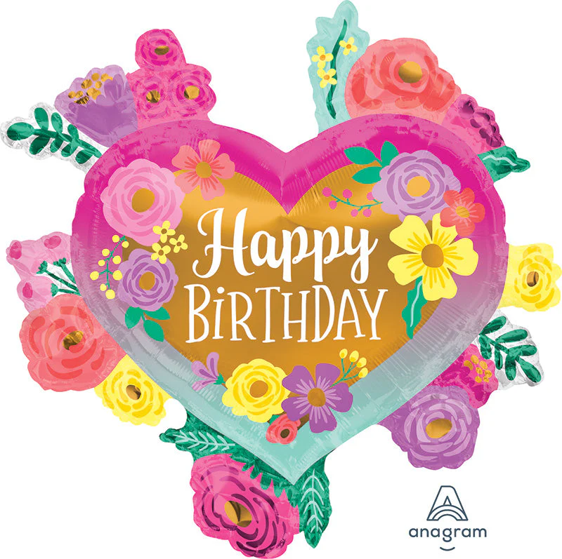 27" Happy Birthday Painted Flowers SuperShape Foil Balloon