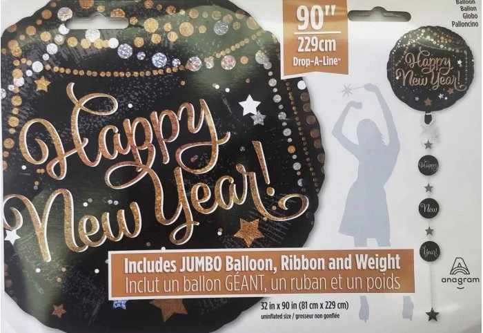32" Happy New Year + Ribbon & Weight Foil Balloon