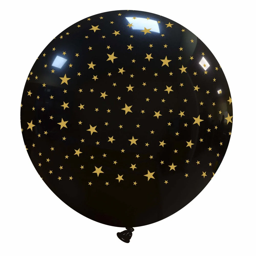 32" Little Stars Black with Gold Print All Around (1 Per Bag) Cattex Brand Latex Balloons
